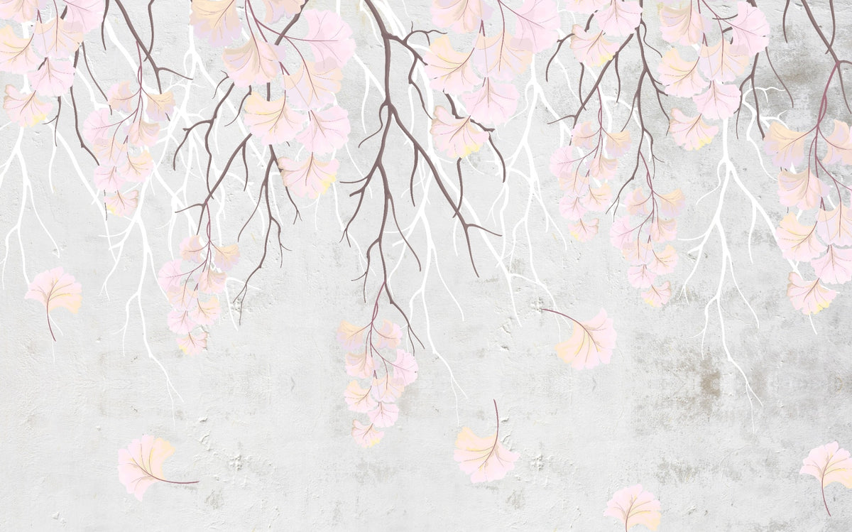 Hanging Flower branches on a pink wallpaper in your room — zoomed