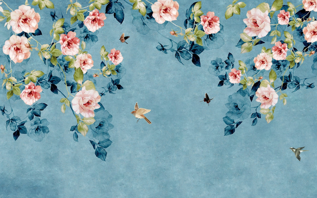Watercolor Pink Roses on Blue & Green Wallpaper in your room — zoomed