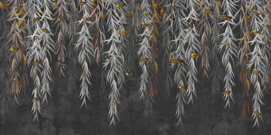 Golden Butterflies on Hanging Leaves Wallpaper Mural