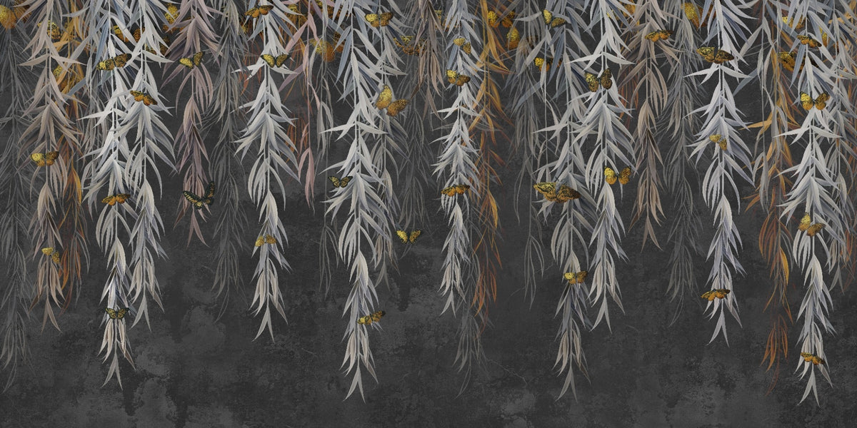 Golden Butterflies on Hanging Leaves Wallpaper Mural in your room