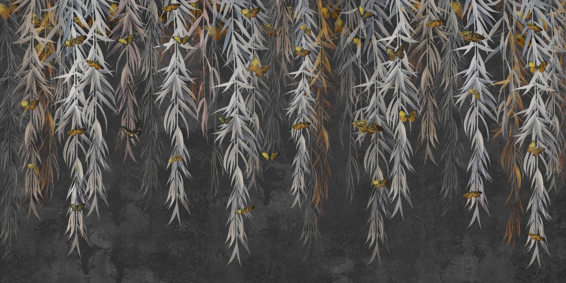 Golden Butterflies on Hanging Leaves Wallpaper Mural
