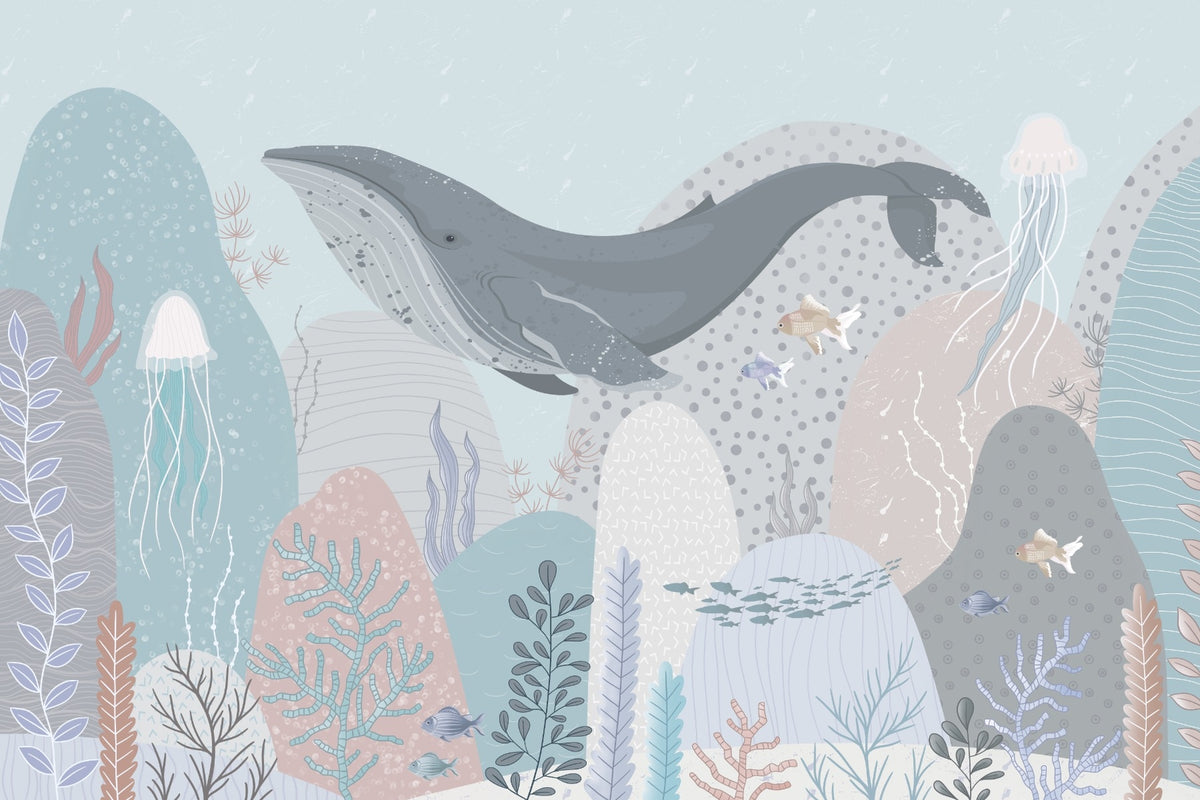 Large Whale Swimming Ocean Light Colors Wall Murals in your room