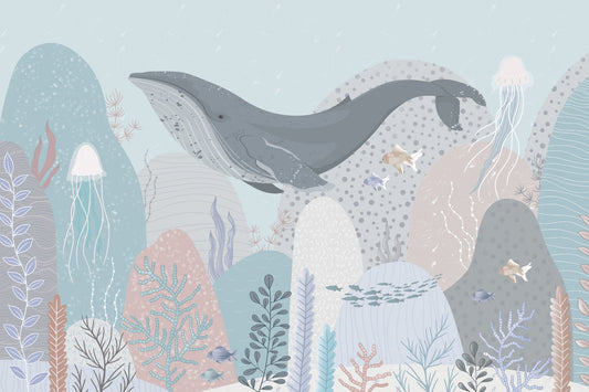 Large Whale Swimming Ocean Light Colors Wall Murals