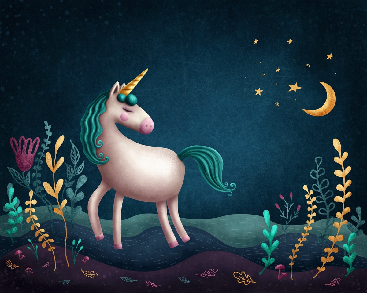 Blue & Green Night Unicorn Kids Nursery Wallpaper Mural in your room