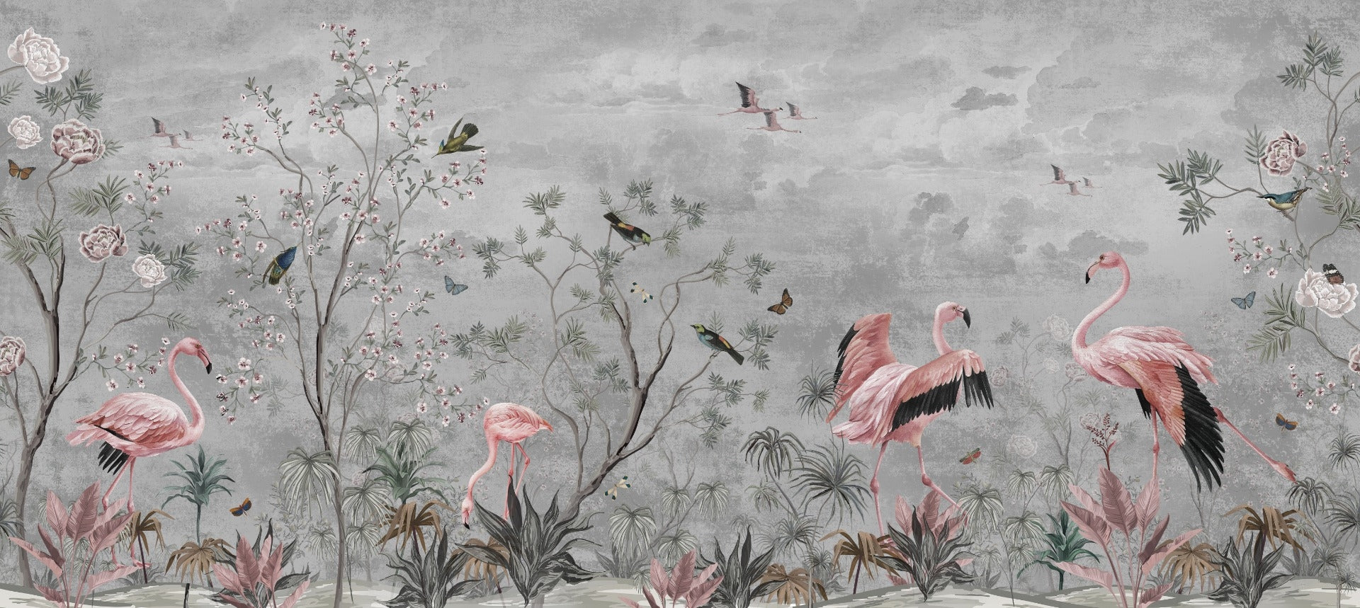 Jungle Leaves Flamingo Birds Wallpaper Murals