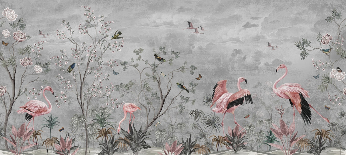 Jungle Leaves Flamingo Birds Wallpaper Murals in your room — zoomed