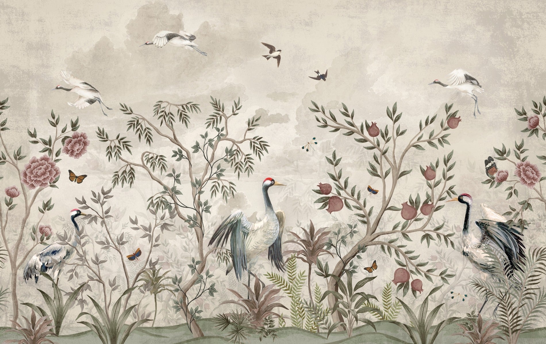 Crane Birds Forest Tropical Palm Mural Wallpaper