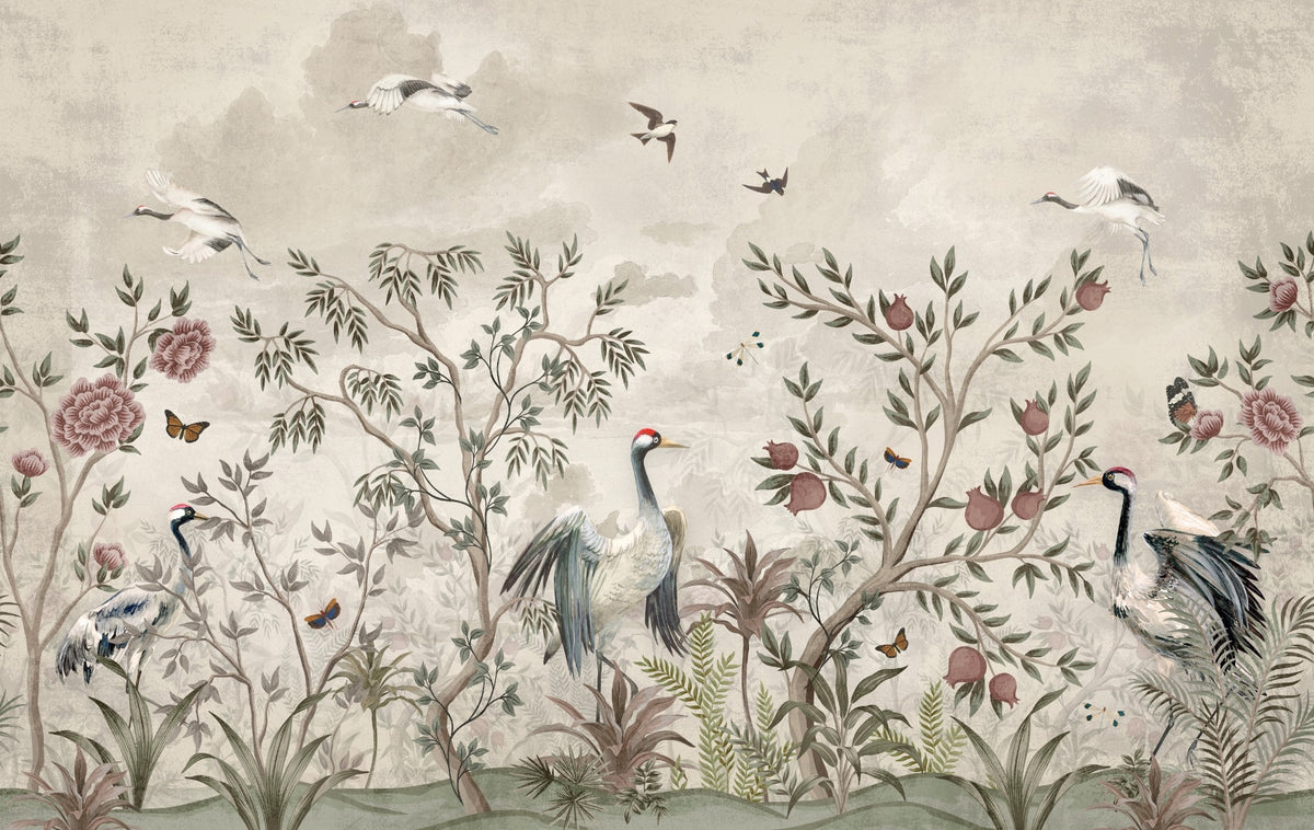 Crane Birds Forest Tropical Palm Mural Wallpaper in your room — zoomed
