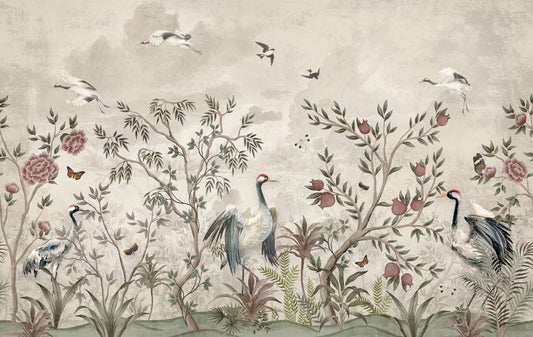 Crane Birds Forest Tropical Palm Mural Wallpaper