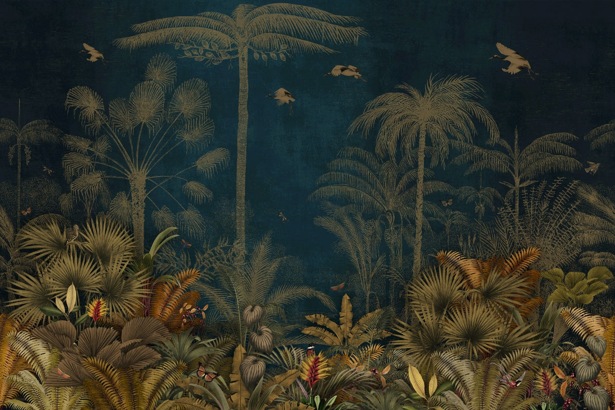 Jungle Palm Trees Birds Vintage Blue Painting Wall Murals in your room
