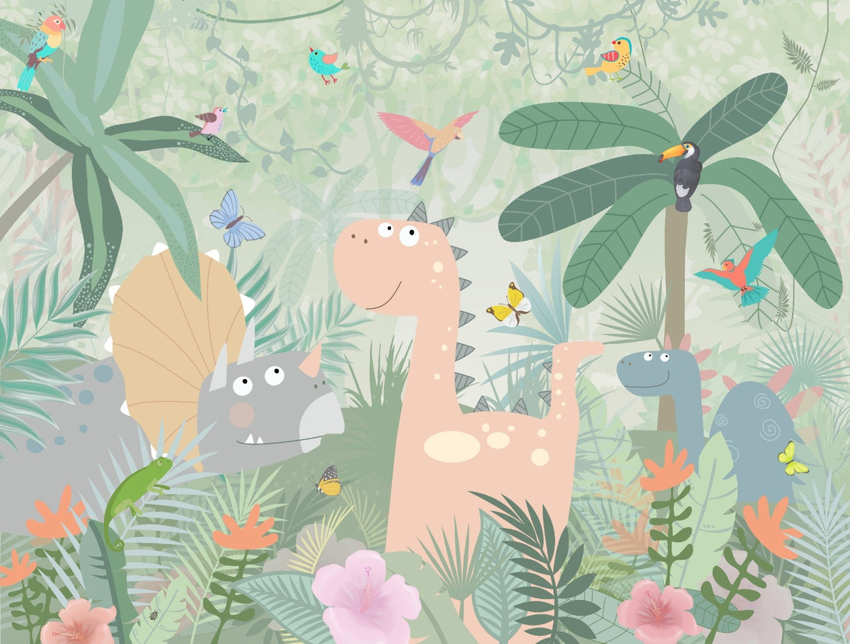 Kids Illustration Dinosaurs Jungle Cartoon Style Wallpaper Murals in your room