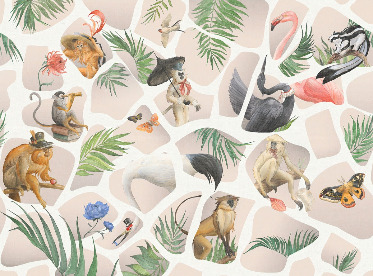 Watercolor beige Monkey & Birds wallpaper mural in your room — zoomed