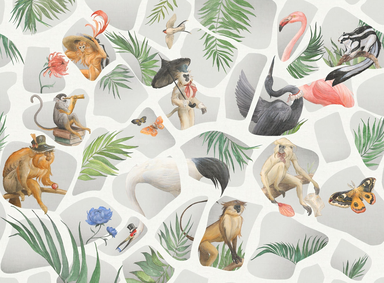 Watercolor gray Monkey & Birds wallpaper mural
