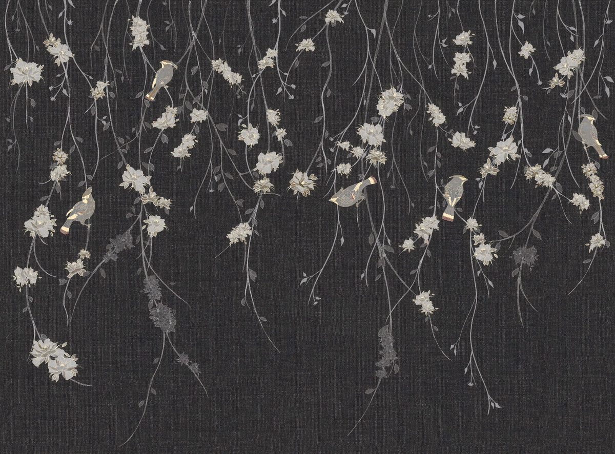 Beautiful Dark Black Flowers & Birds Wallpaper Mural in your room — zoomed