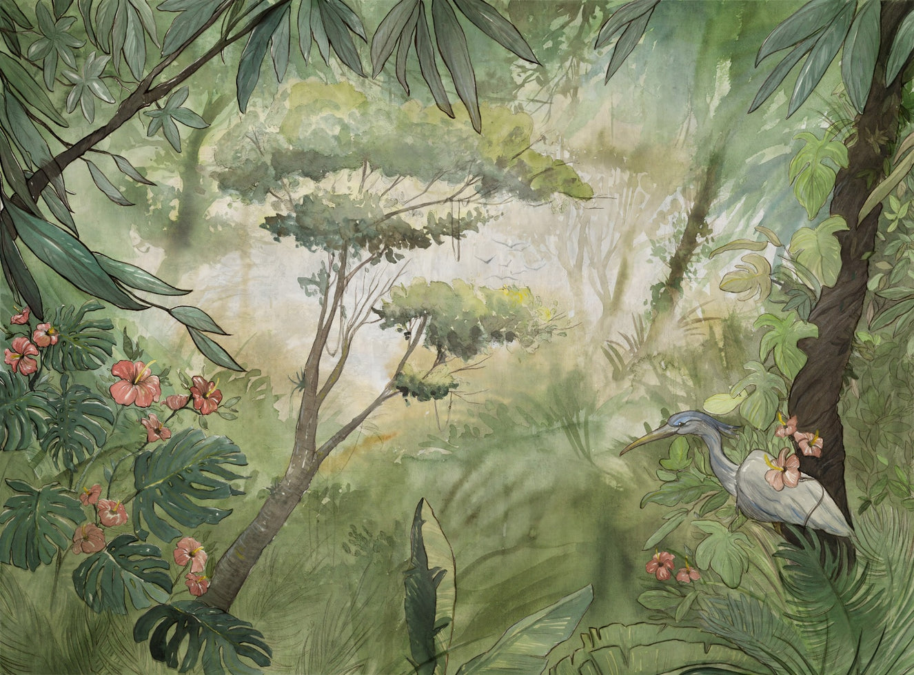 Watercolor Green Foggy Forest Wallpaper Mural