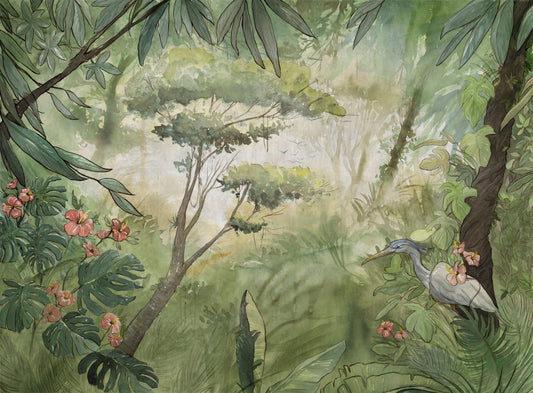 Watercolor Green Foggy Forest Wallpaper Mural