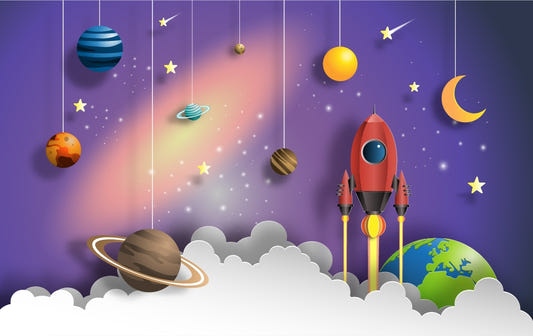 Kids Room Rocket Flying Space Wallpaper Wall Murals
