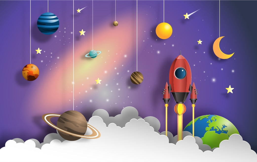 Kids Room Rocket Flying Space Wallpaper Wall Murals