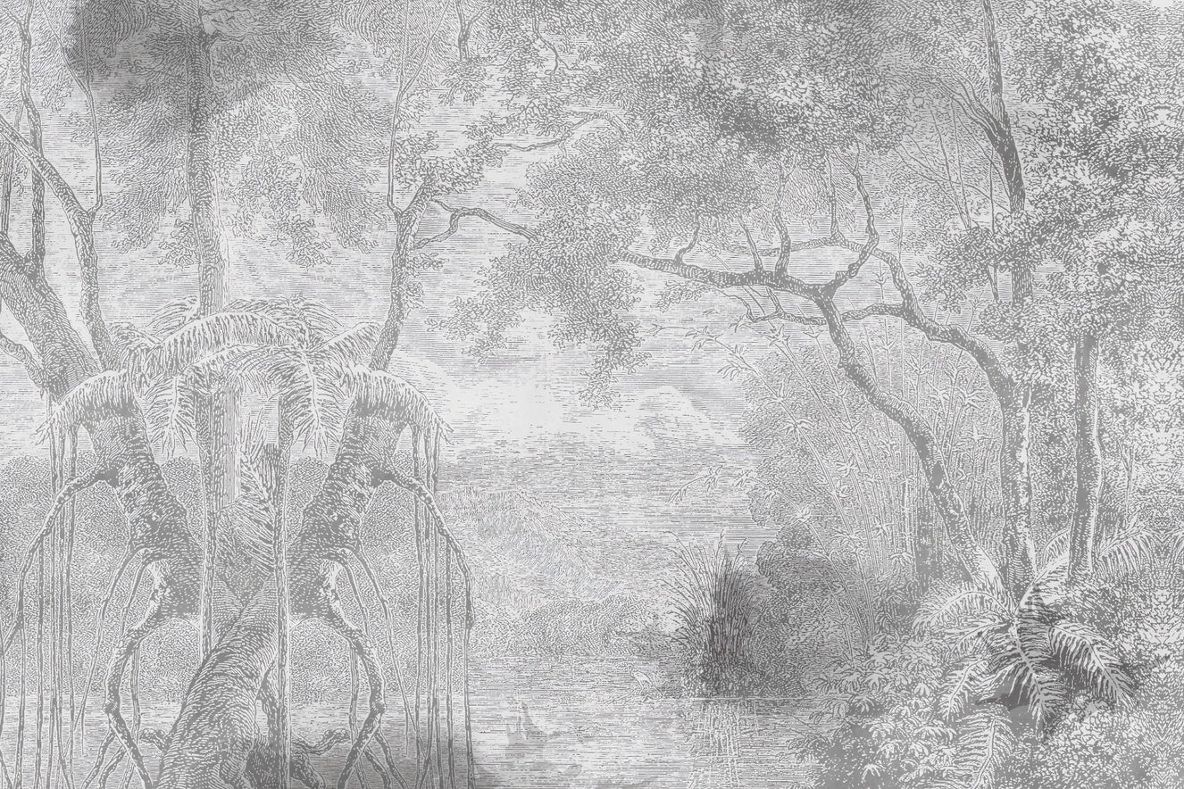 Grey Color Nature View Sketch Forest Wallpaper Murals