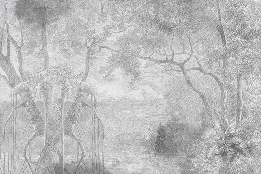Grey Color Nature View Sketch Forest Wallpaper Murals