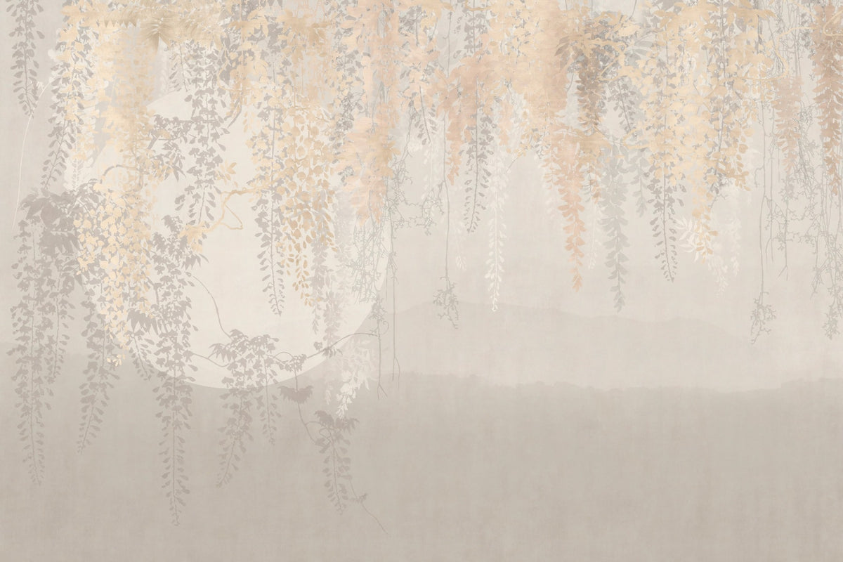 Golden and Grey Hanging Leaves Wallpaper Murals in your room — zoomed