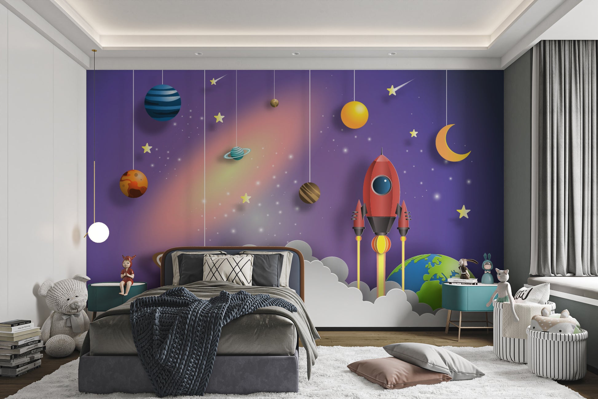 Popular Kids Room Rocket Flying Space Wallpaper Wall Murals