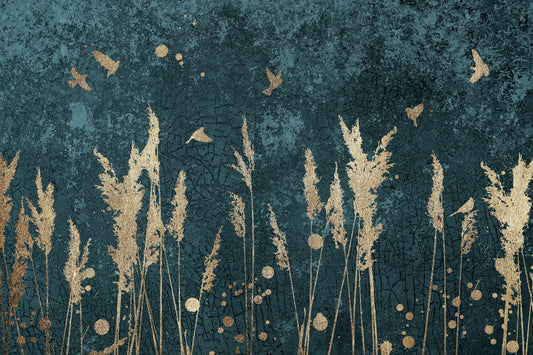 Gold Color Reeds and Birds Wallpaper Walls Murals