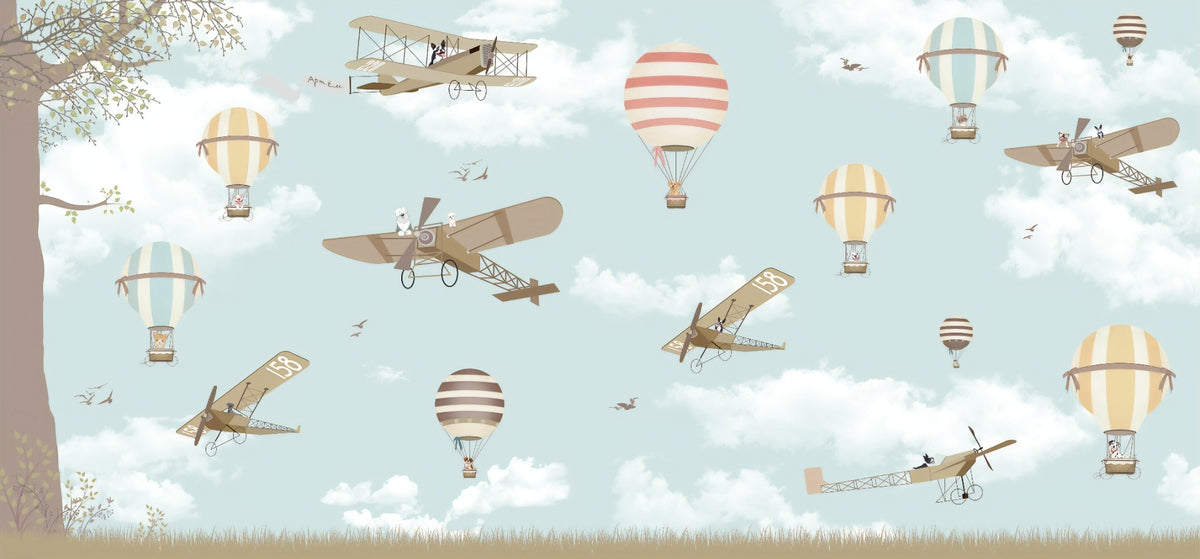 Kids Room Hot Air Balloon with Planes Wallpaper in your room — zoomed