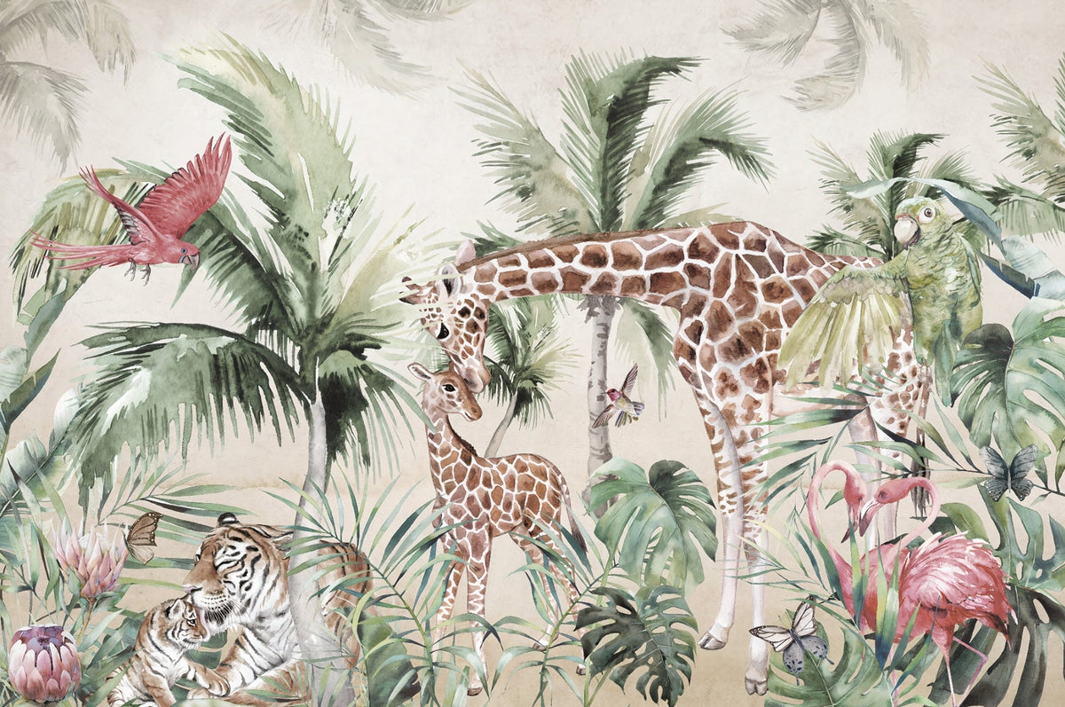 Giraffe and Tiger Forest Wallpaper for Walls in your room — zoomed