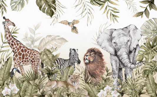 Watercolor Kids Room Jungle Animals Wallpaper
