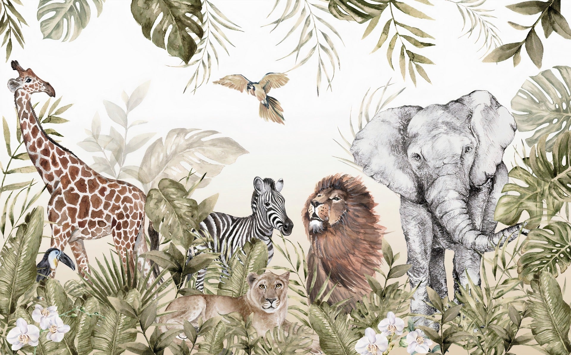 Watercolor Kids Room Jungle Animals Wallpaper