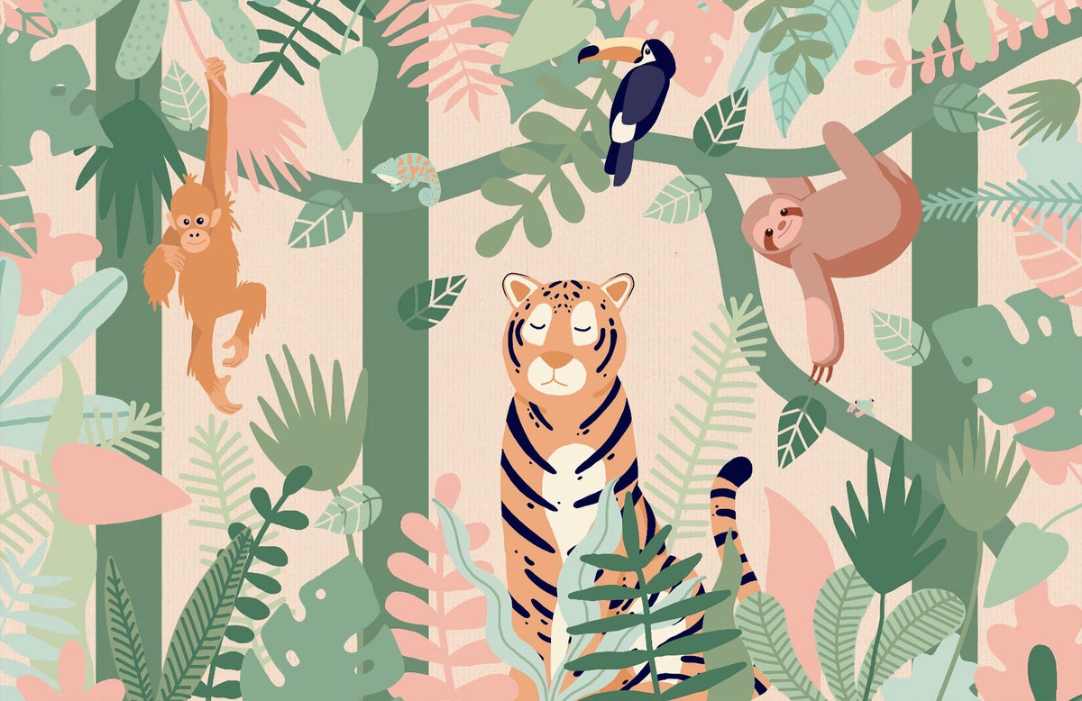 Dozy Tiger Cartoon Forest Peel and Stick Wallpaper Murals in your room — zoomed