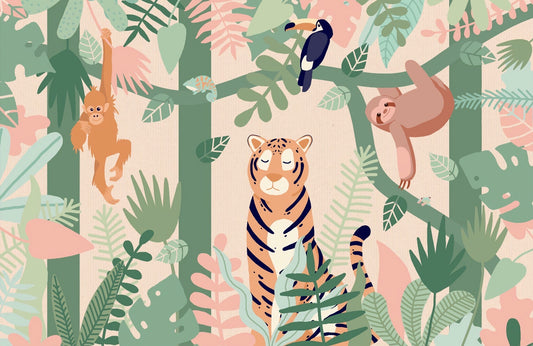 Dozy Tiger Cartoon Forest Peel and Stick Wallpaper Murals