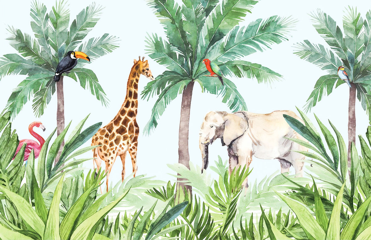 Watercolor Animals Kids Room Wallpaper in your room — zoomed