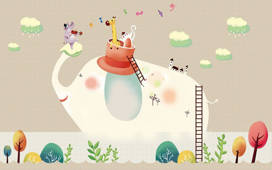 Beige Cartoon Elephant Wallpaper for Walls