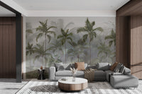 Palm tree wallpaper creating a serene bedroom ambiance.
