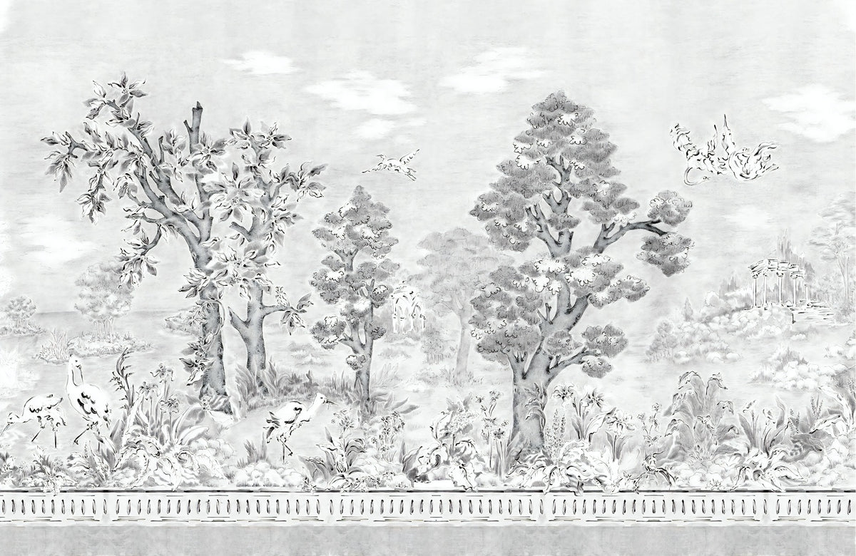 Black & White Watercolour Tropical Tree Mural in your room — zoomed