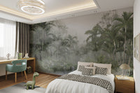 Misty tropical forest wallpaper for bedrooms.