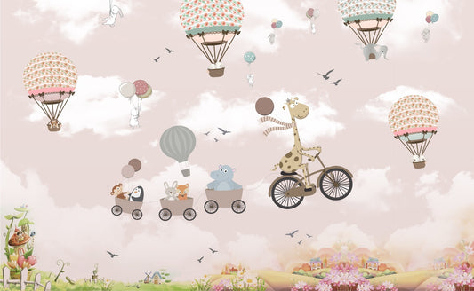 Pink Hot Air Balloon Animals Bicycle Wall Murals