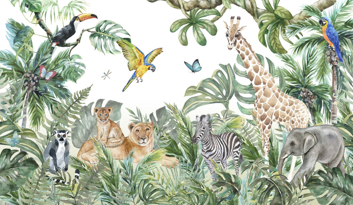 Jungle Safari Watercolor Animals Wallpaper in your room — zoomed