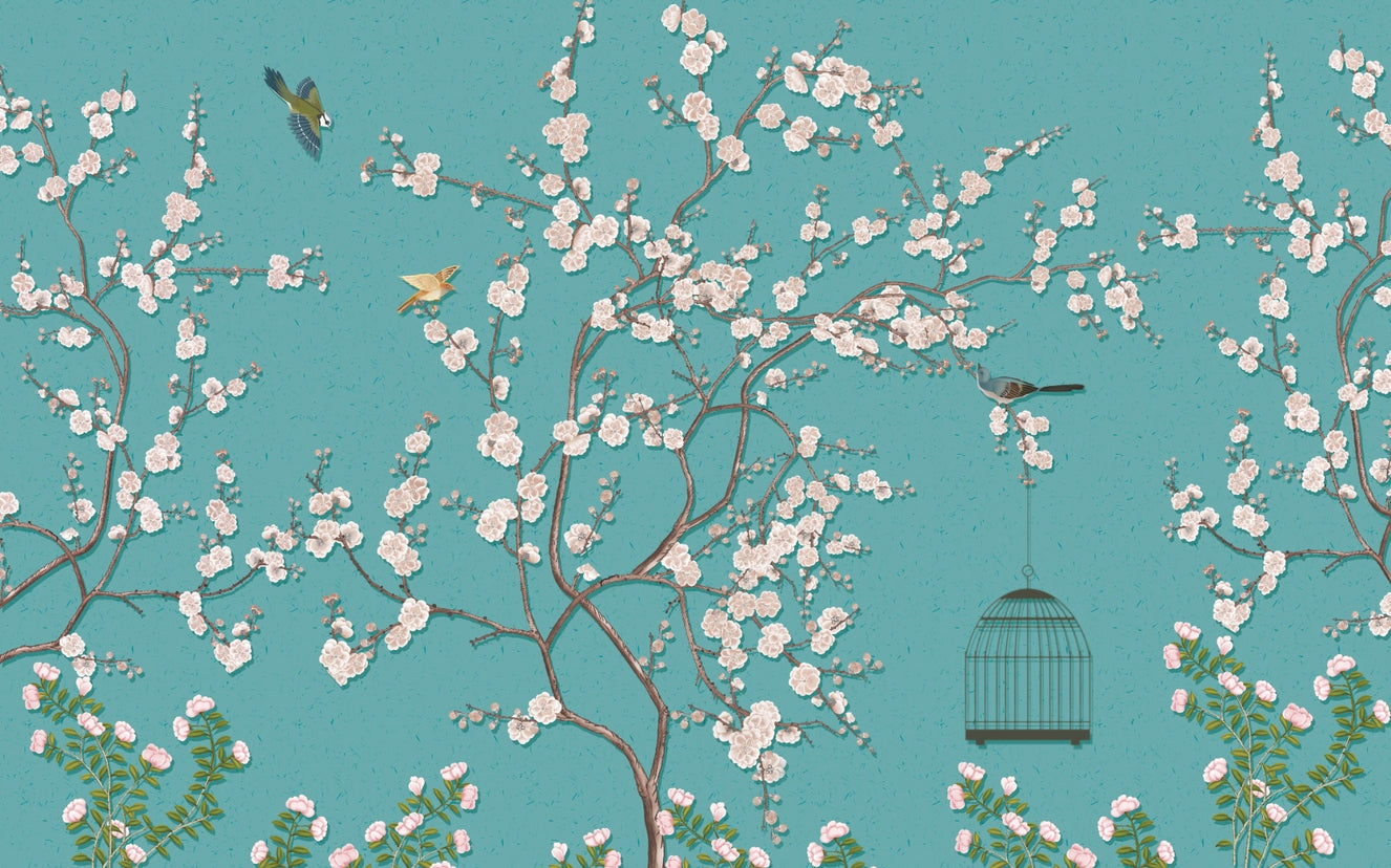 Blue Background Pink Flower Wallpaper Murals