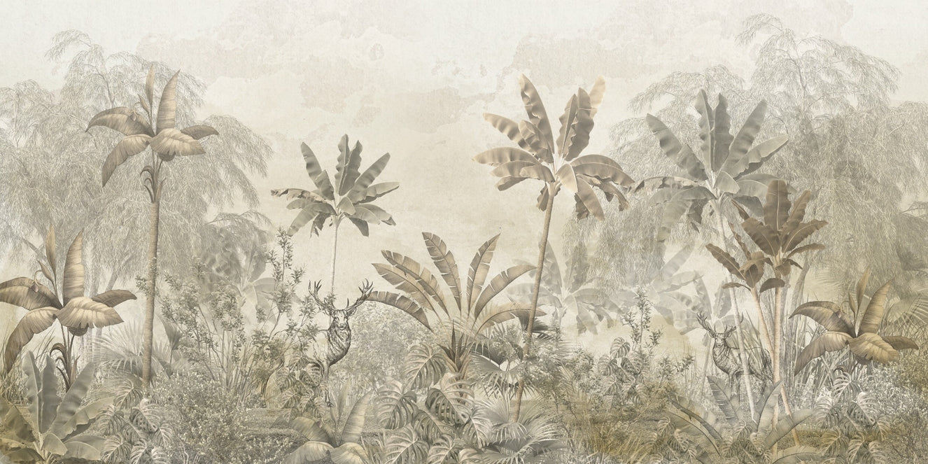 Light Yellow Color Wild Tropical Leaves Forest Wallpaper Mural