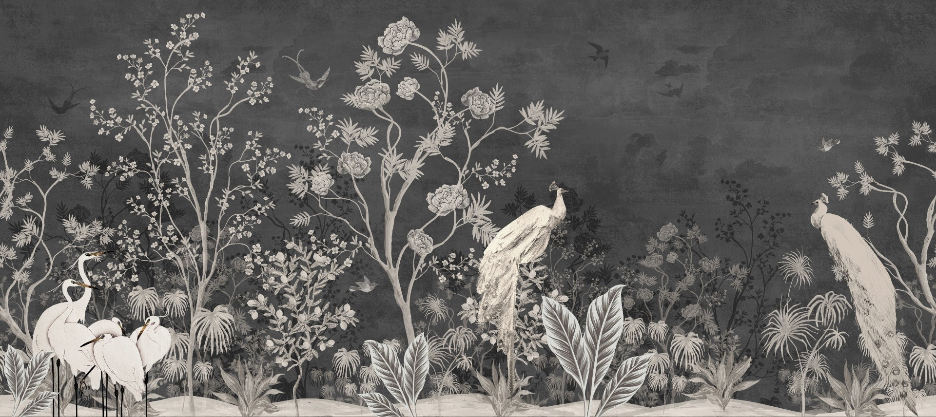 Black Vintage Jungle Peacock Wallpaper Wall Murals