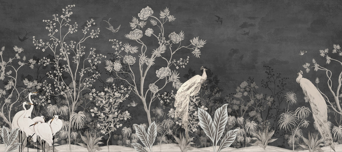 Black Vintage Jungle Peacock Wallpaper Wall Murals in your room — zoomed