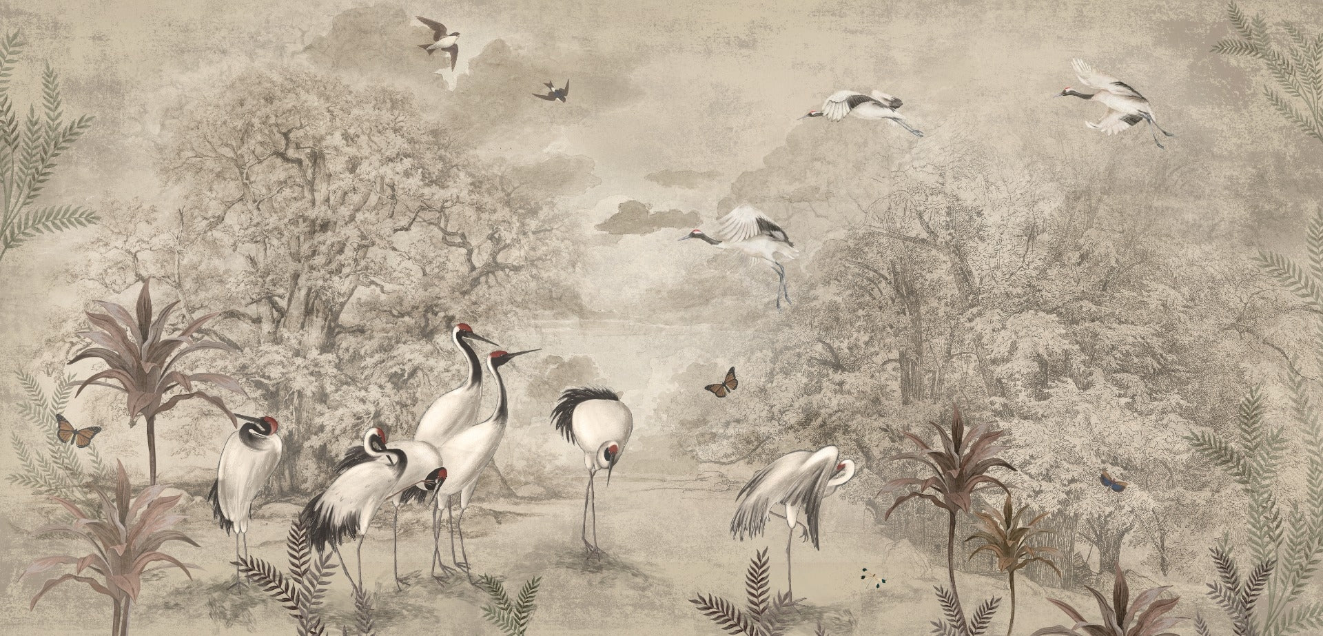 Tropical Forest Palm Tree Birds Vintage Wallpaper