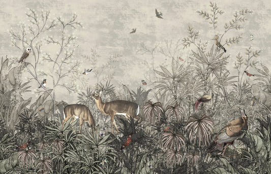 Tropical Plant Turkish Rooster Deer Birds Wallpaper