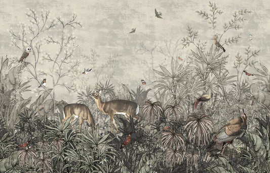 Tropical Plant Turkish Rooster Deer Birds Wallpaper