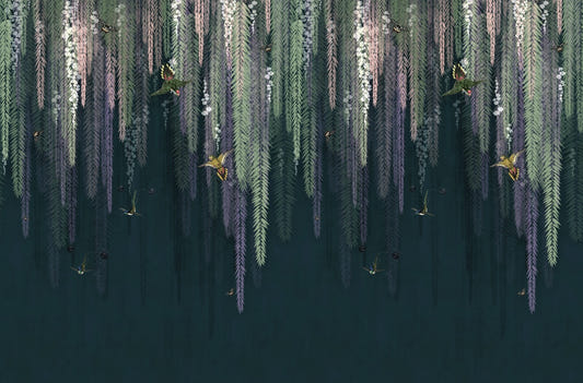 Green Hanging Leaves Birds Wall Murals Wallpaper
