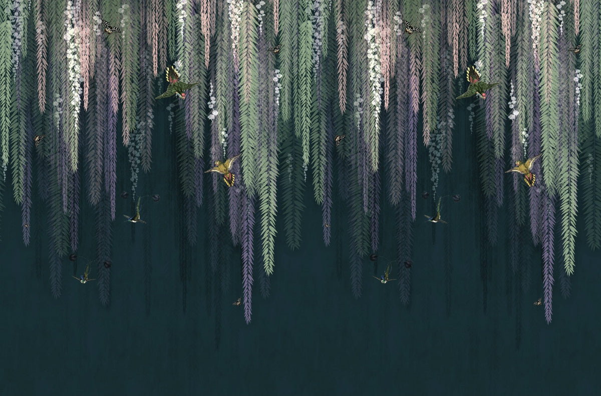 Green Hanging Leaves Birds Wall Murals Wallpaper