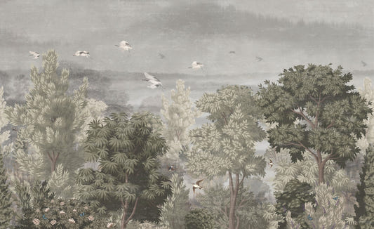 Birds Grus Forest Flower Vintage Jungle Pattern Wallpaper